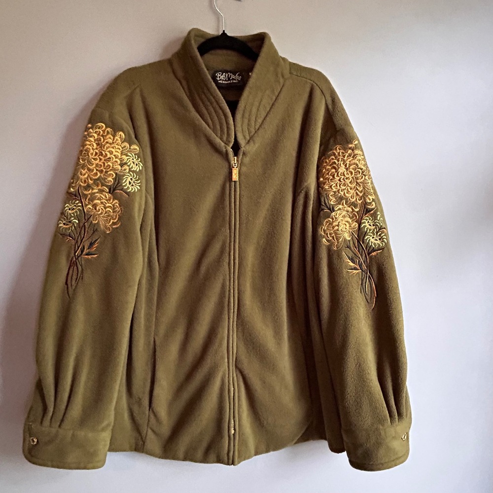 Bob Mackie Wearable Art Fleece Jacket 3X Olive Green Gold Floral Embroidery Zip